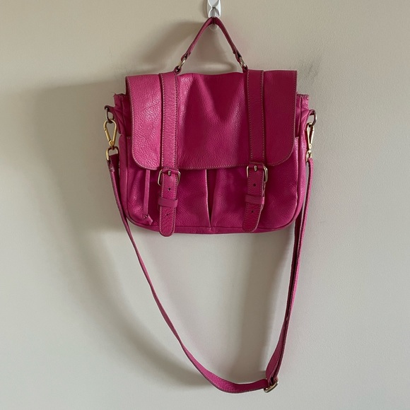 Roots Handbags - Roots Pink Leather Messenger Bag With Crossbody Shoulder Strap and Top Handle